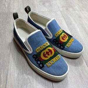GUCCI Kura Slip On Shoes Chambray Denim Velour Logo Loafers Mens Size 10 Rare!